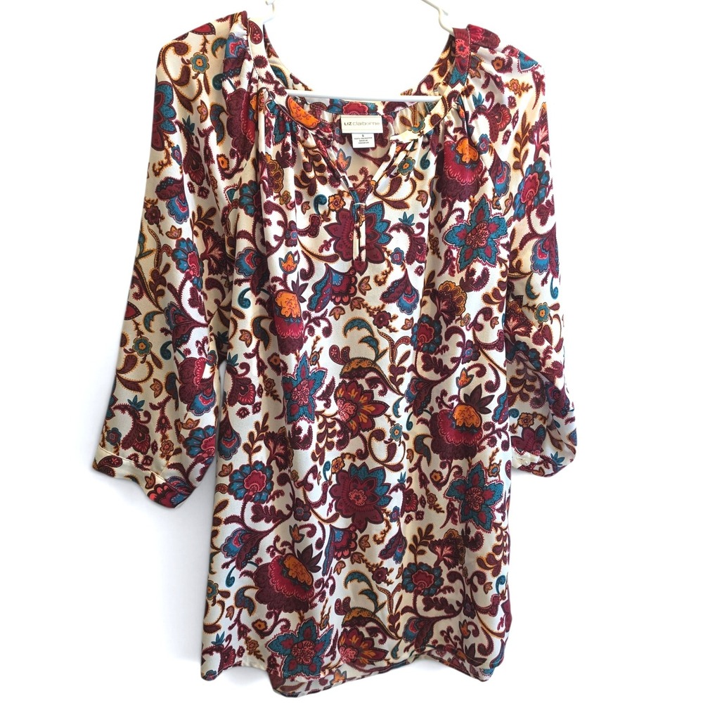 Liz Claiborne Paisley Floral Boho Peasant Blouse 3/4 Sleeve Tie Back Women's S